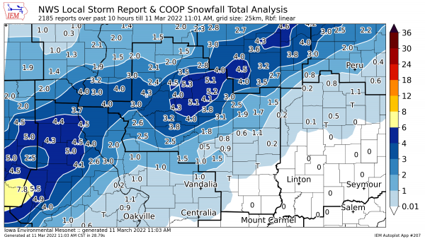 Snow Amounts Thursday Afternoon & Thursday Night (Mar 10-11)