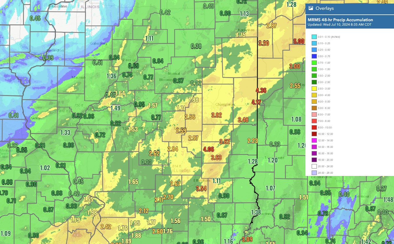 48-hour rainfall totals ending Wednesday morning, July 10th