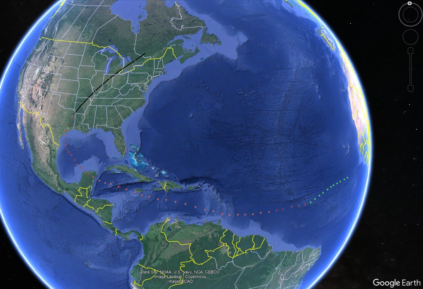 Approximate track of Hurricane Beryl. Image from Google Earth.