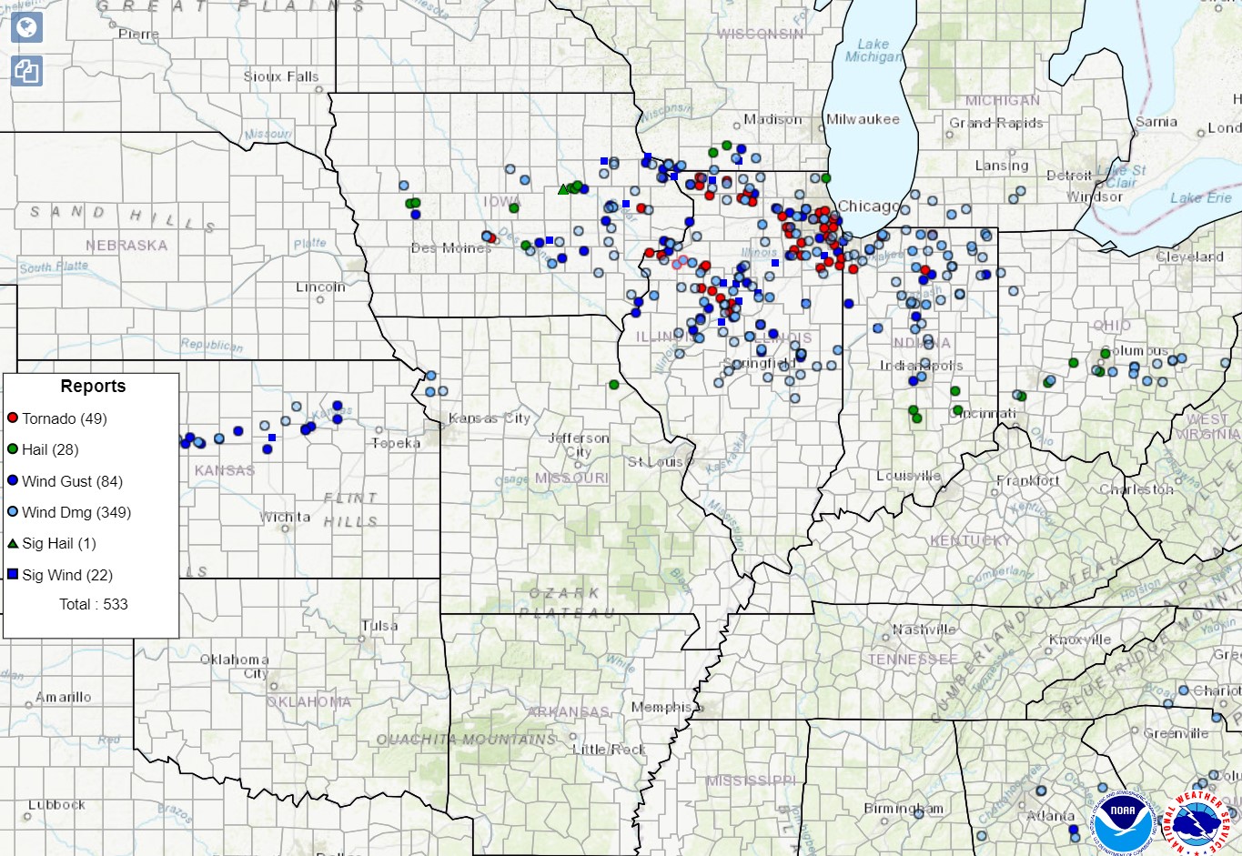 Map of storm reports ending 7 am Monday, July 15