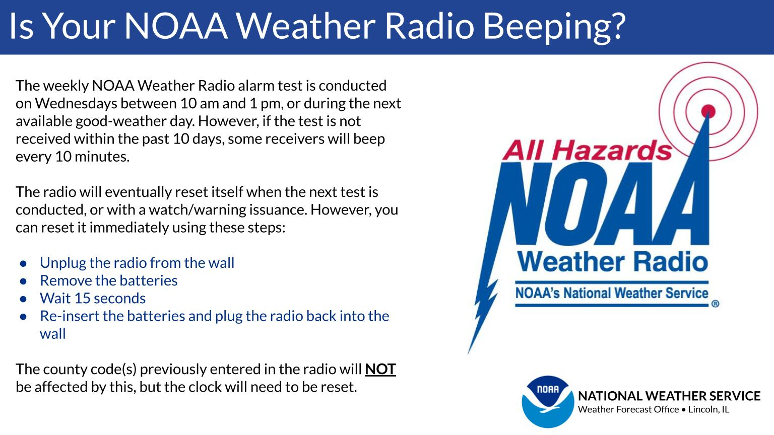 Information on clearing the beeping on a NOAA Weather Radio receiver