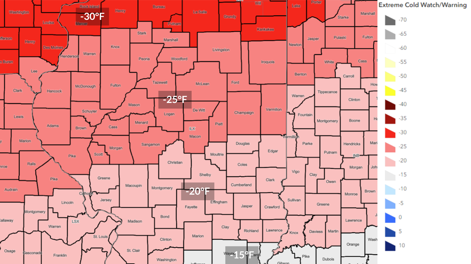 Extreme Cold Warning criteria