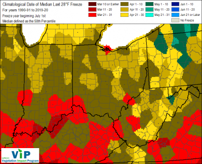 Spring Average Final Freeze Dates, 28 degrees