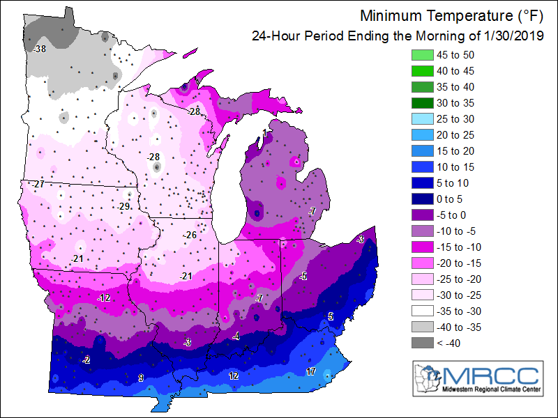 January 30, 2019 low temperatures