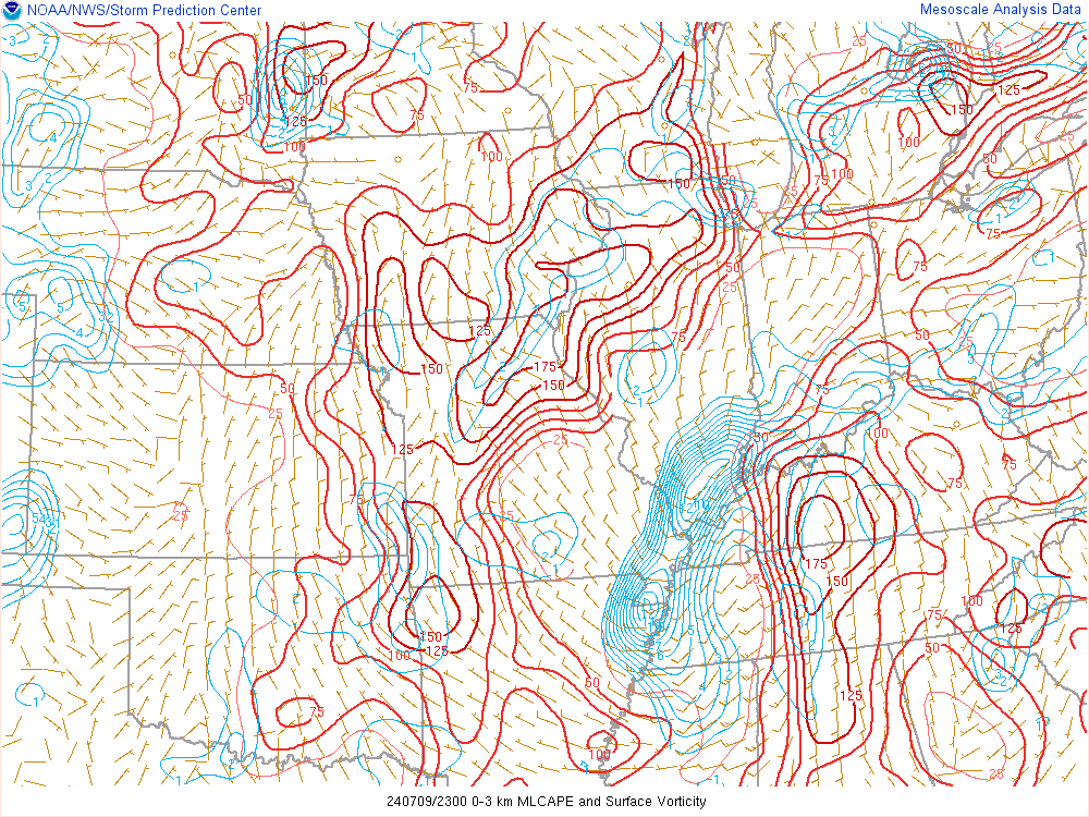 Environment - Low Level CAPE & Surface Vort at 7pm