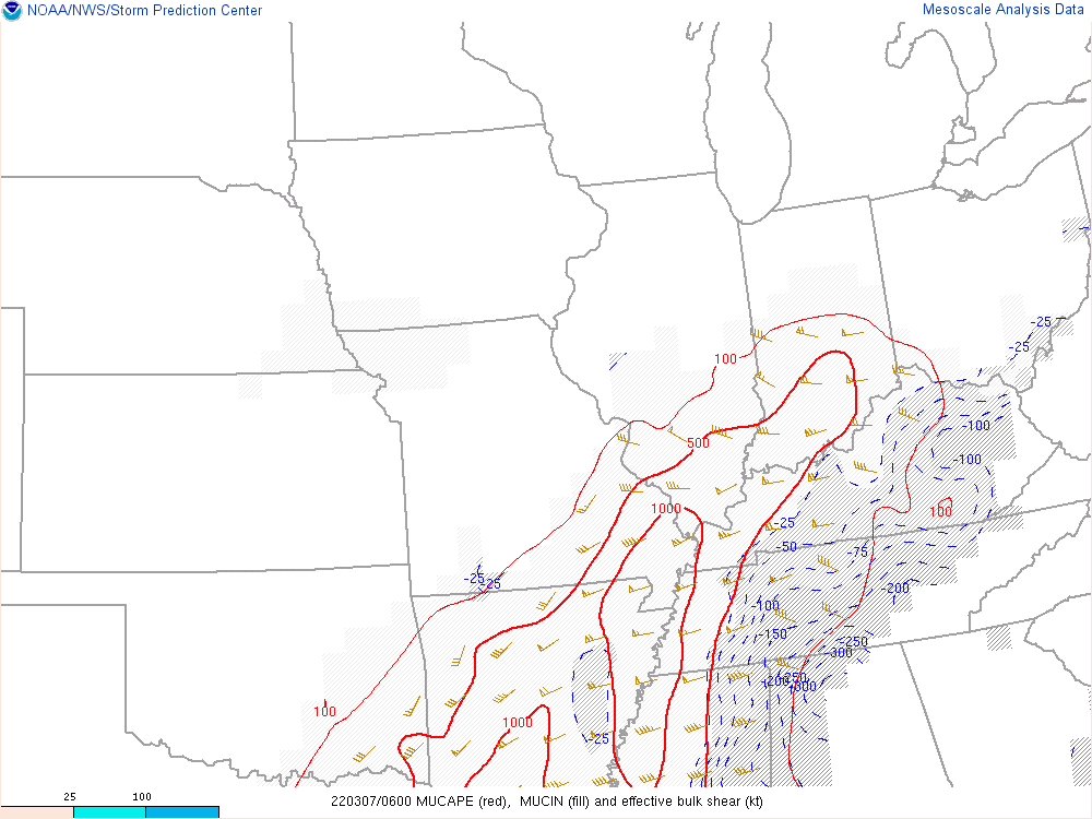 Environment- Most Unstable CAPE and Effective Bulk Shear at 1:00 AM EST March 7