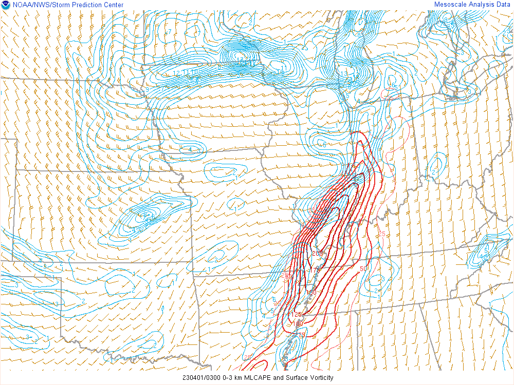 Environment - Surface Vorticity and 0-1km CAPE at 11pm EDT