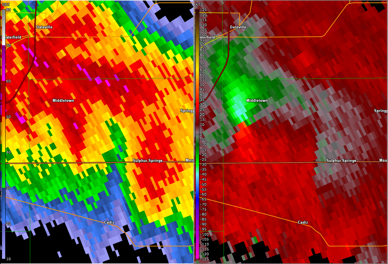 Radar and Storm Relative Velocity at 8:28 PM EDT