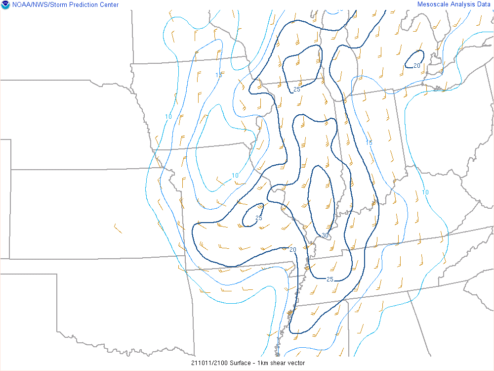 0-1km Shear at 5 PM EDT