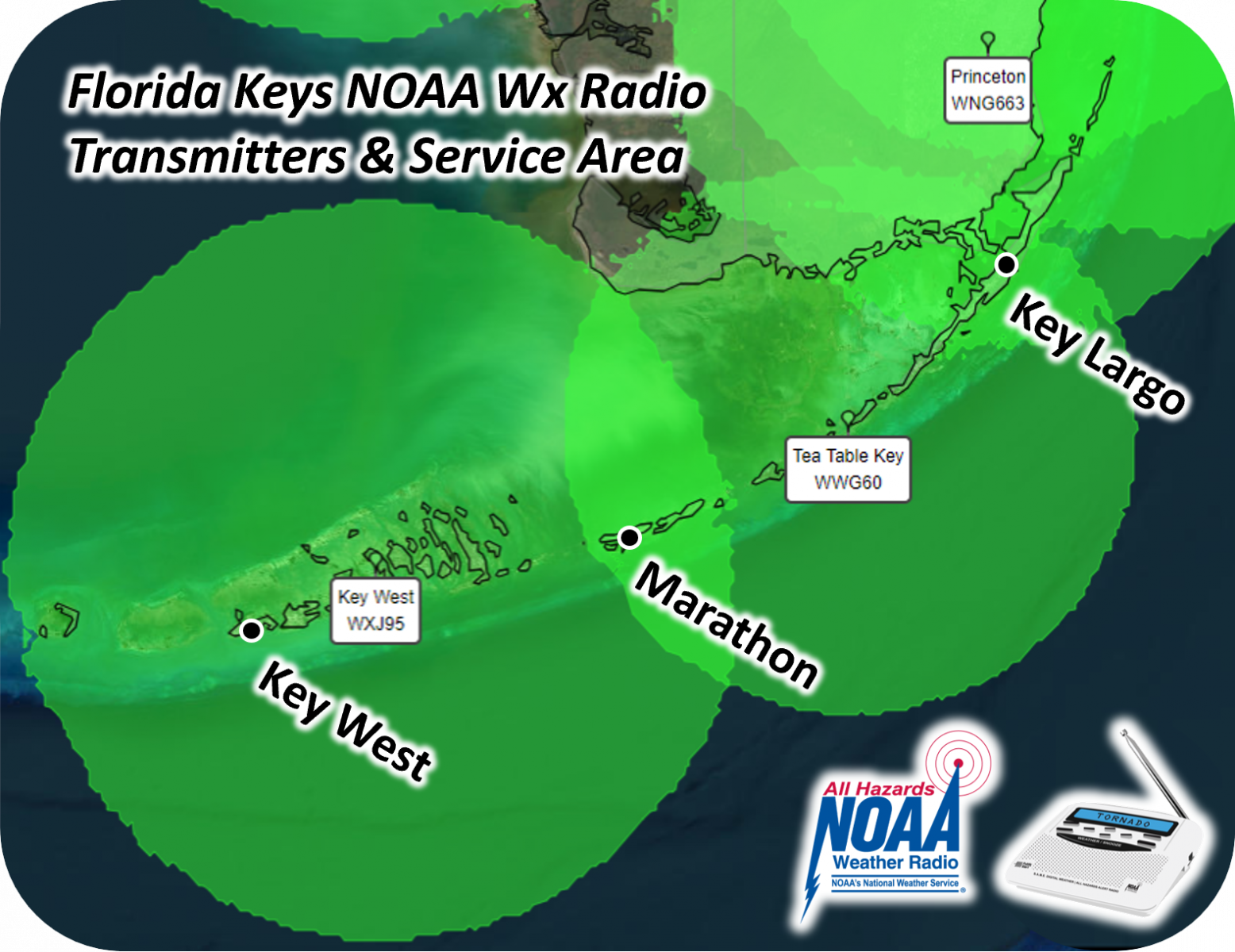 Graphic showing the NOAA Weather Radio broadcast service areas for the Florida Keys and South Florida