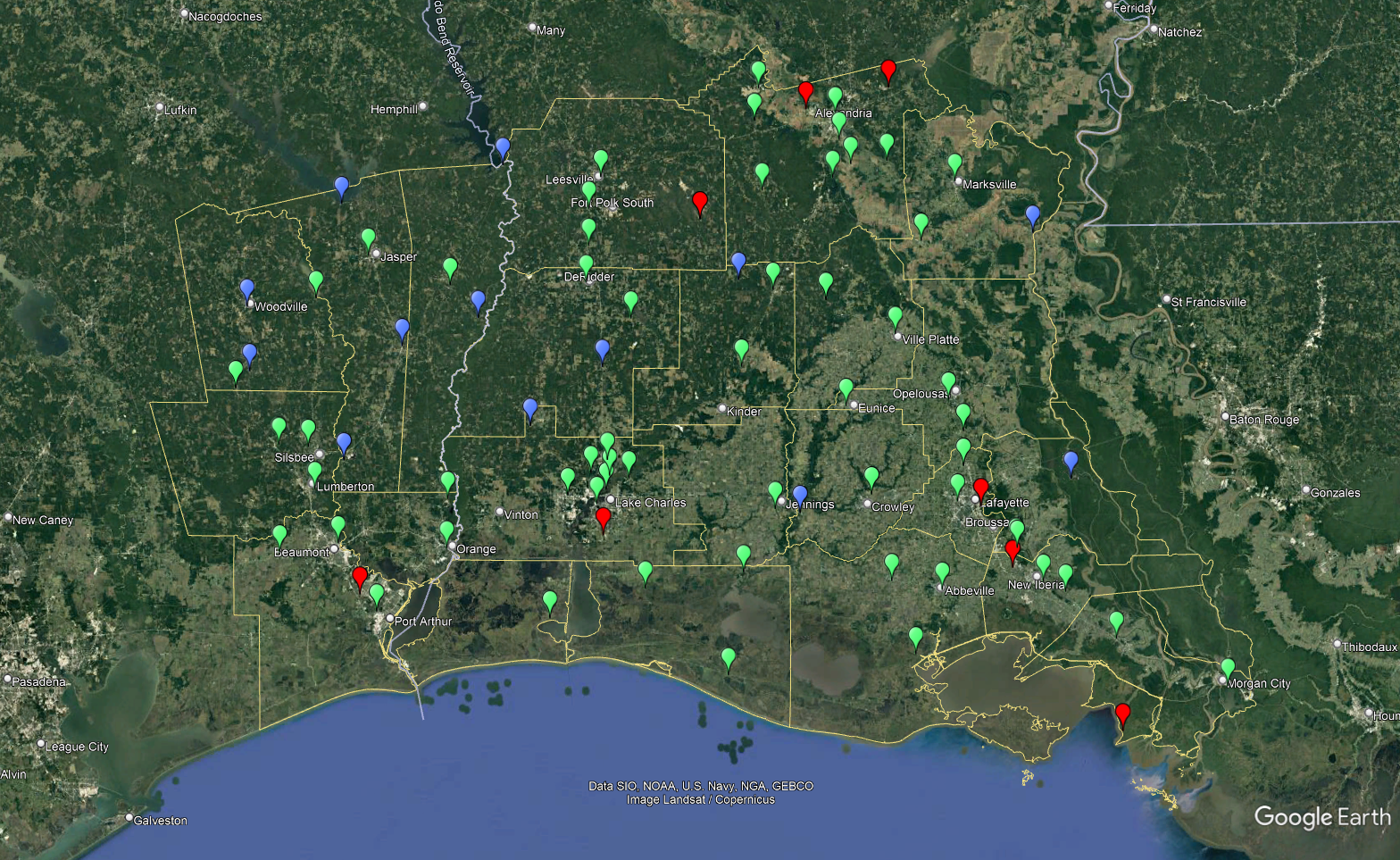 Map of stations: green - coop, blue - former coop; red - ASOS