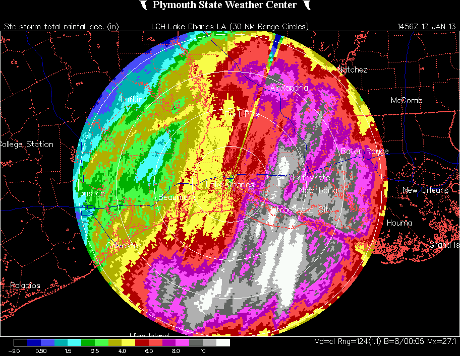 Lake Charles 88D image of total rainfall through noon Saturday