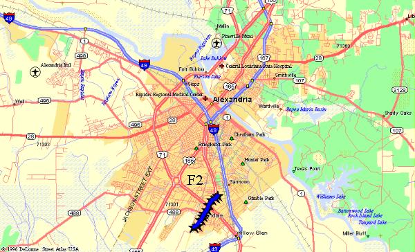 Map of Alexandria with tornado damage track