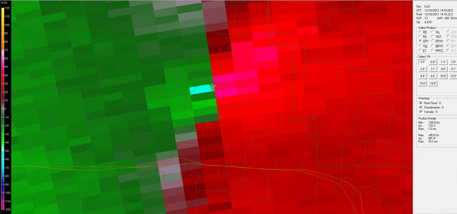 KLIX Storm Relative Velocity for Houma Tornado