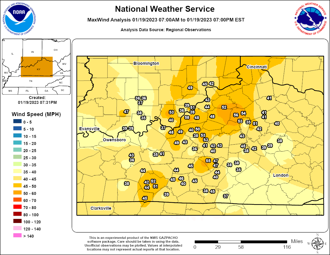 Peak wind gusts from January 20, 2023