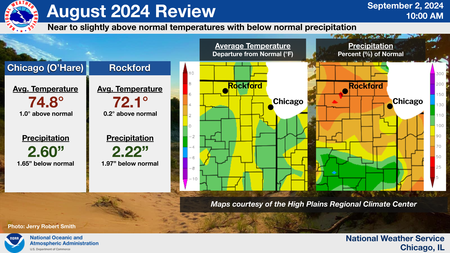 Headline: August 2024 Review.  Sub Headline: Near to slightly above normal temperatures with below normal precipitation. Chicago (O'hare): Average Temperature: 74.8 degrees (1.0 degree above normal) Precipitation: 2.60 inches (1.65 inches below normal). Rockford: Average Temperature: 72.1 degrees (0.2 degrees above normal) Precipitation: 2.22 inches (1.97 inches below normal). Graphic Created: Monday, September 2, 2024 8:28 AM CDT