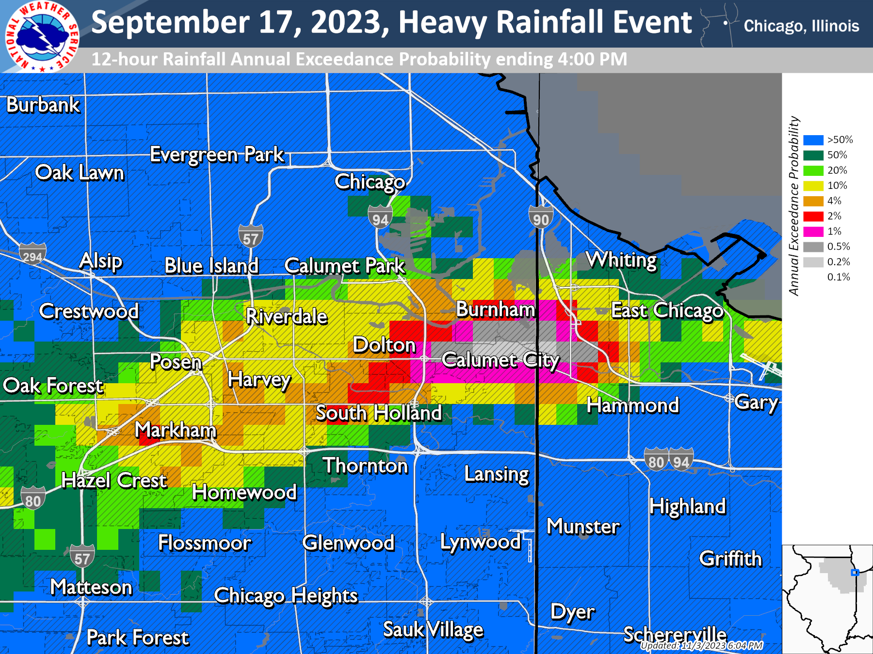 Map showing annual exceedance probability for the bias corrected rainfall on September 17