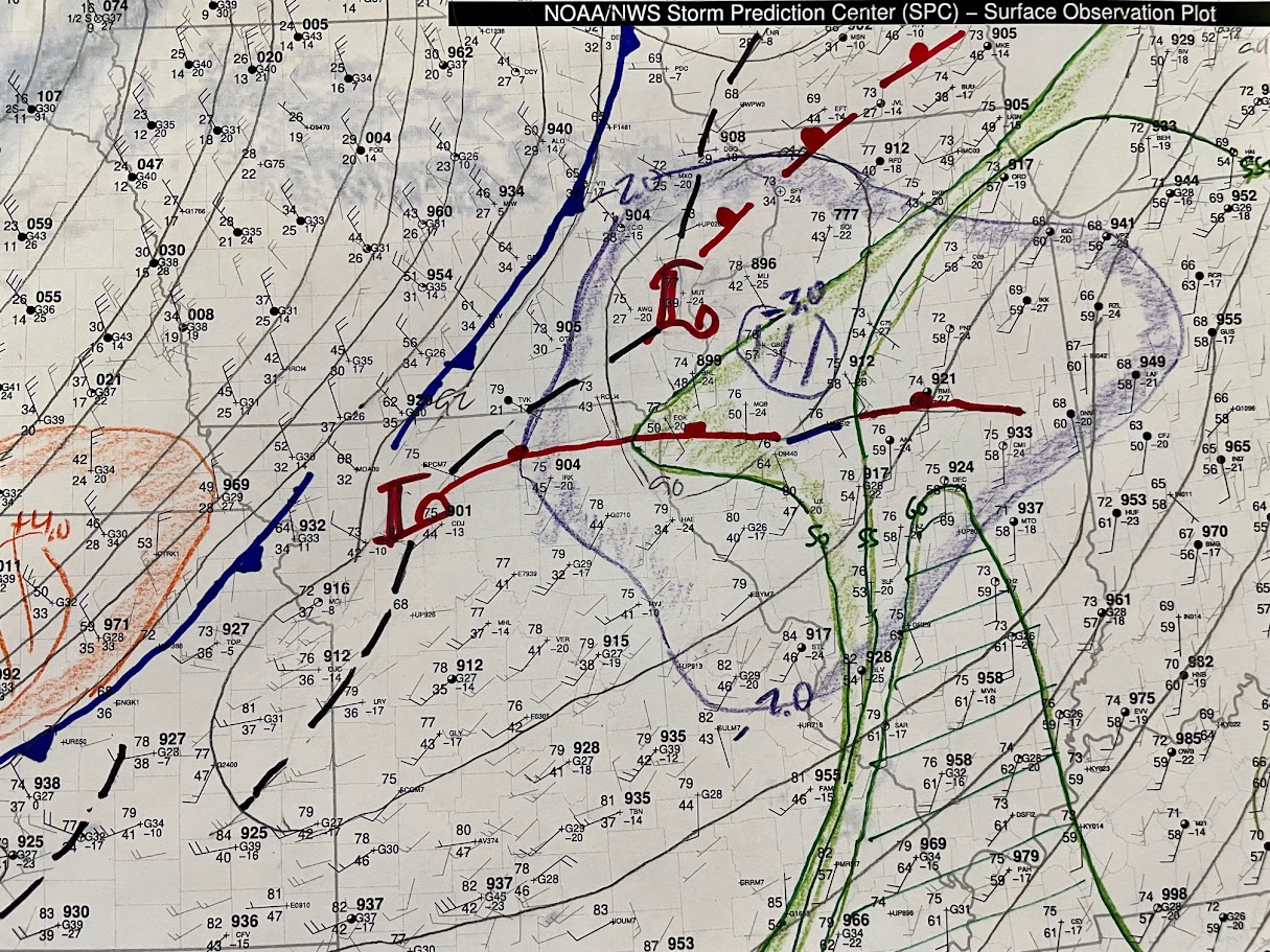 Map showing analyzed surface weather features at 3 PM on February 27 2024.