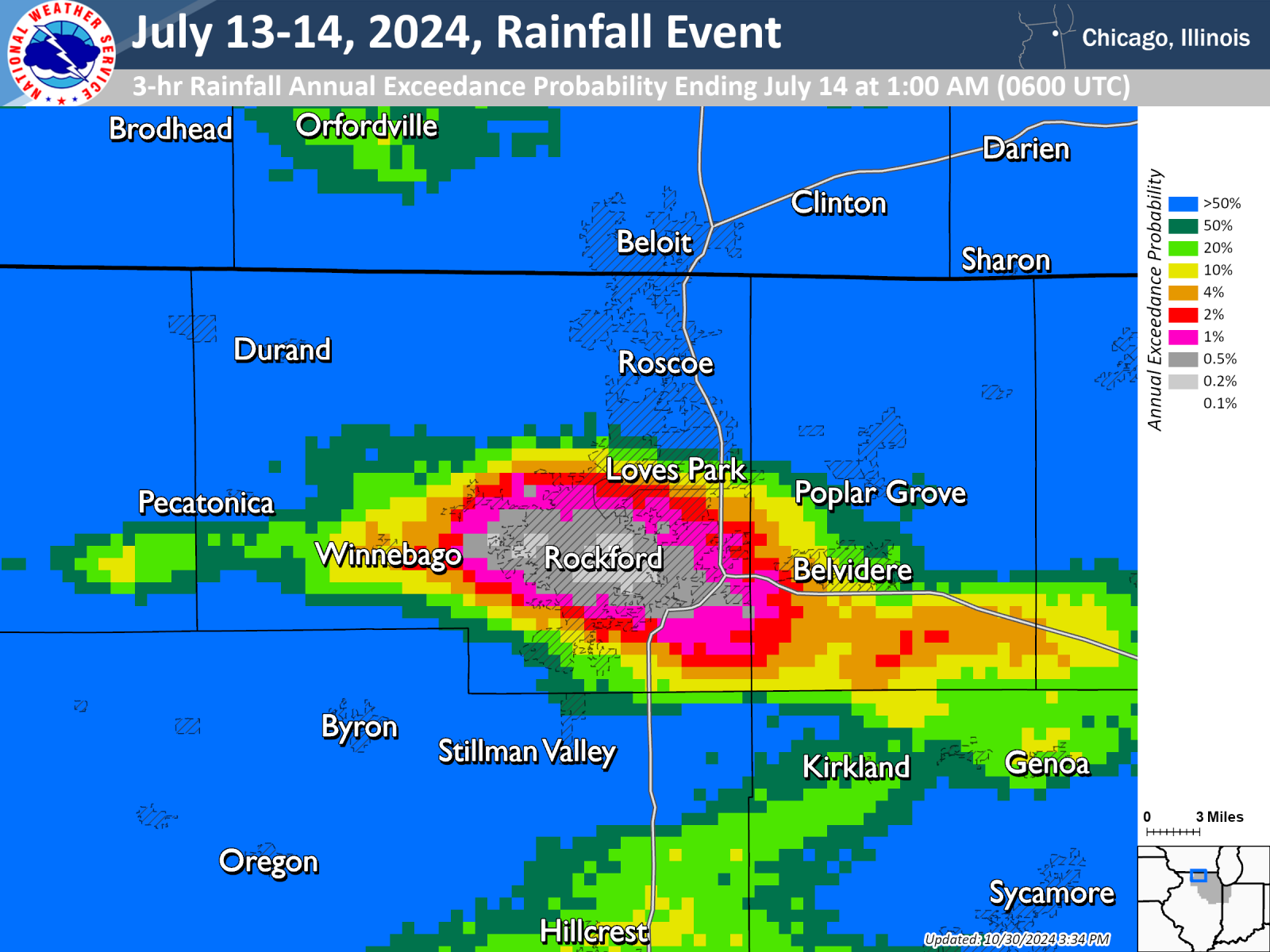 Map showing annual exceedance probability for the bias corrected rainfall occurring in the Rockford area on the night of July 13-14, 2024.