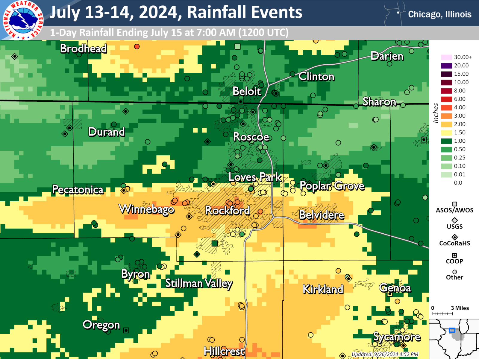 Map showing bias corrected rainfall for the Rockford area on the night of July 14, 2024.