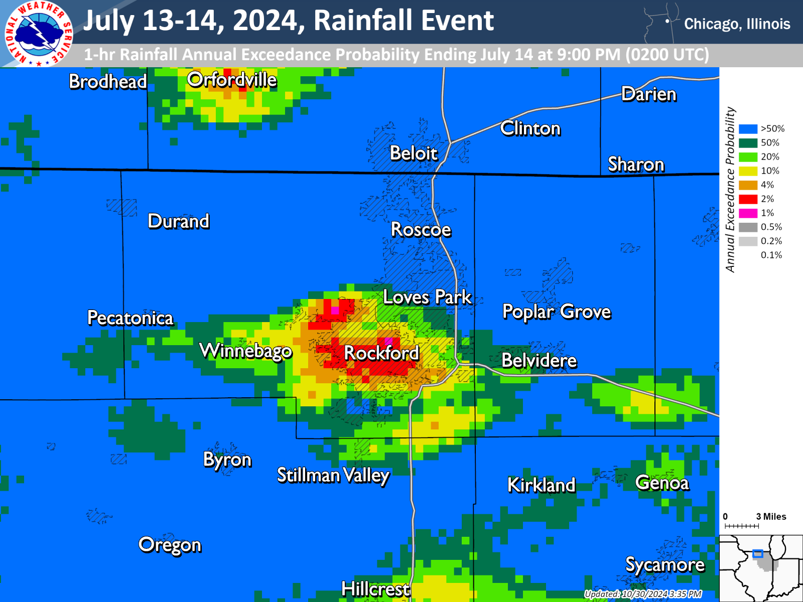 Map showing annual exceedance probability for the bias corrected rainfall occurring in the Rockford area on the night of July 14, 2024.