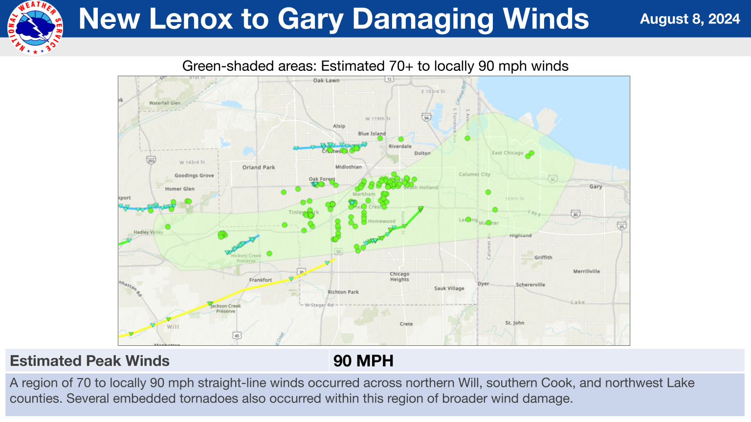 New Lenox to Gary Damaging Winds Summary Graphic