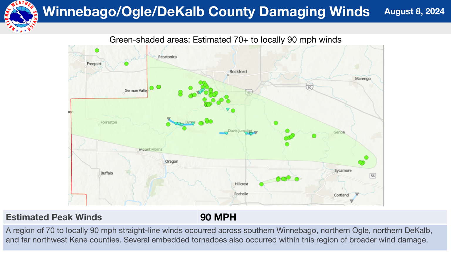 Winnebago, Ogle, DeKalb County Damaging Winds Summary Graphic