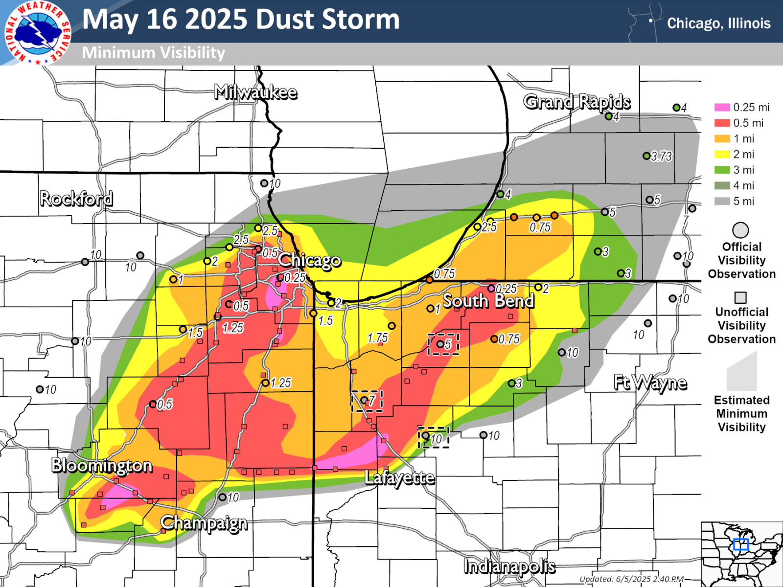 Map showing minimum visibility observations and estimated contours for the May 16 2025 dust storm event. The lowest visibilities are indicated from near Bloomington and Champaign northeastward to the Chicago area. Another swath of low visibilities extended to the east toward South Bend. Lowest values are shown by contours just southeast of Bloomington, on the southwest side of Chicago, and near South Bend.