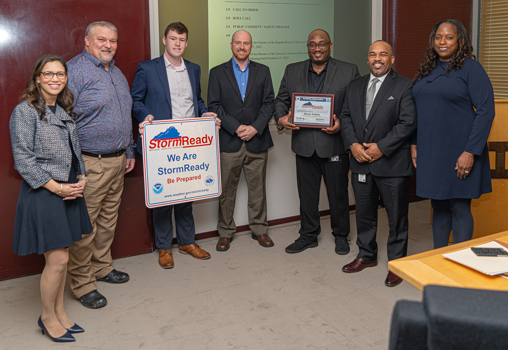 Members of the Illinois Tollway and NWS Chicago recognizing the tollway as StormReady