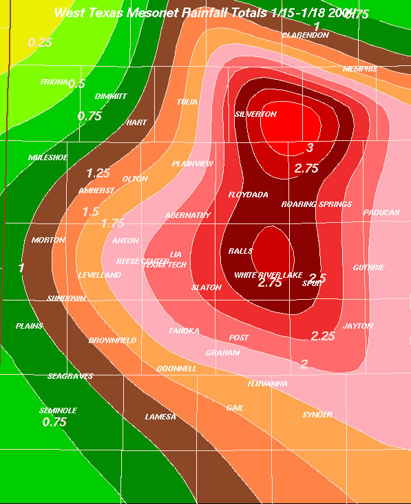 Map of contoured precipitation  (inches) from 1/15/2004 through 1/18/2004