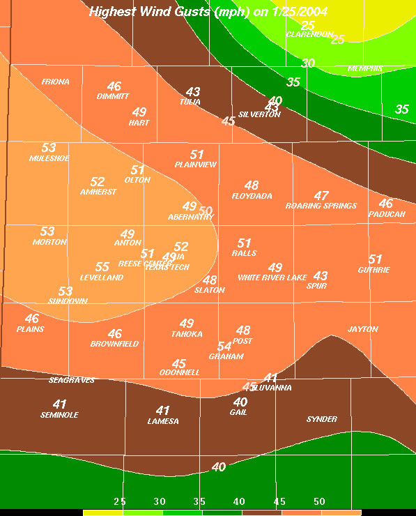 Map of highest wind gusts  (mph) on 1/25/2004