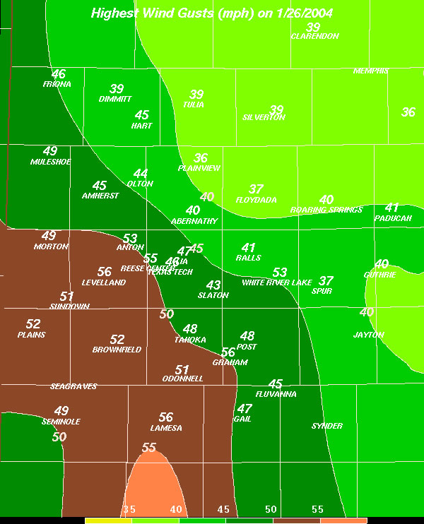 Map of highest wind gusts  (mph) on 1/26/2004