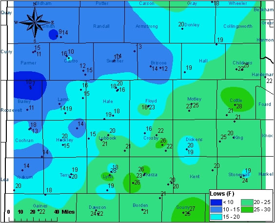 Image of low temperatures (Â°F) from 11/16/2005