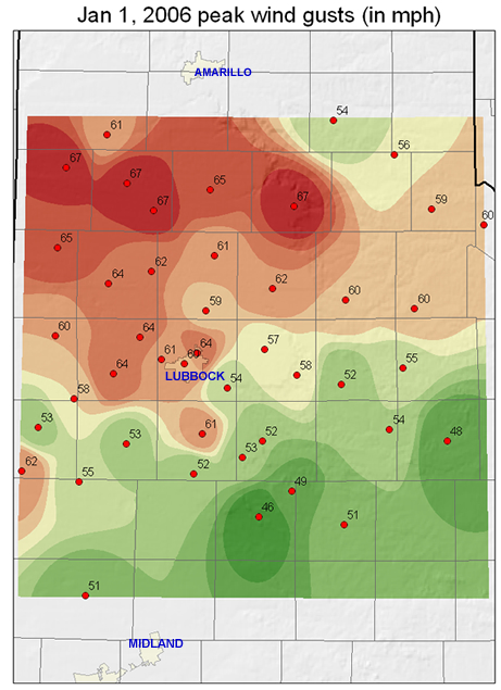 Map of peak wind gust (mph) on 1 January 2006.