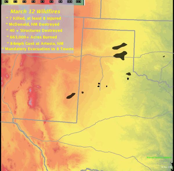 The black areas show the approximate burn areas from the wildfires