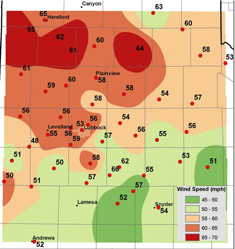 Map of peak wind gusts on April 6, 2006