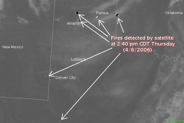 Satellite image from early Thursday afternoon (4/6/2006) sensing a number of fires around the region.