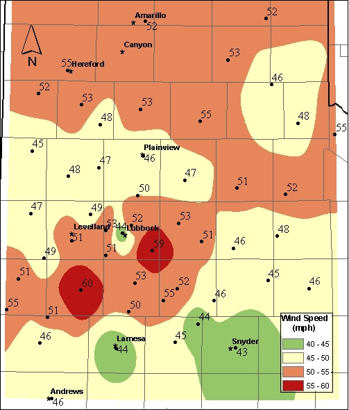 Image of maximum surface wind gusts (mph) observed across West Texas on April 15, 2006.