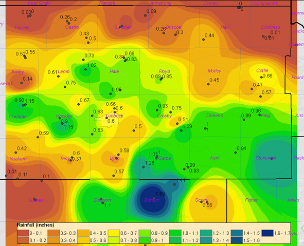 Map of the rainfall recorded around the region on April 20, 2006. The map was composed with preliminary data from the National Weather Service and the West Texas Mesonet (at Texas Tech University).