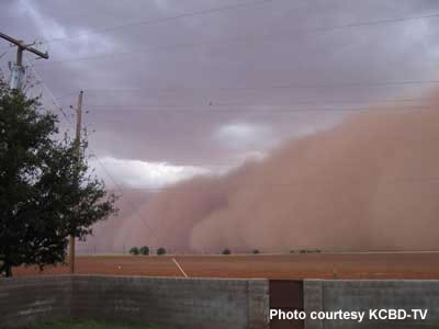 Photograph of the wall of dirt associated with the thunderstorm outflow. This picture was taken near the town of Lamesa, about 50 miles south of Lubbock. Photo courtesy KCBD Television.