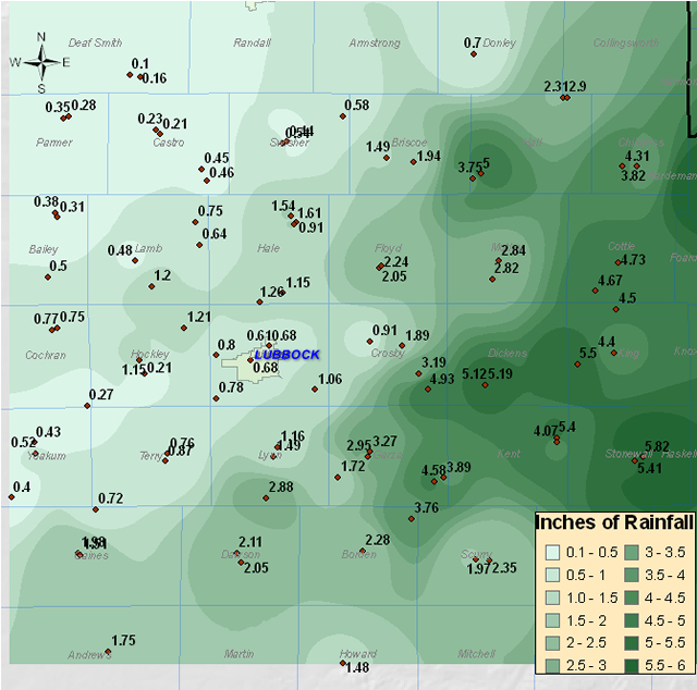 Rainfall totals for the period 8 am Saturday, October 14th, through 8 am Monday, October 16th. The map was created from data collected by West Texas Mesonet Stations and official NWS observing sites. This data is preliminary and subject to revision. 