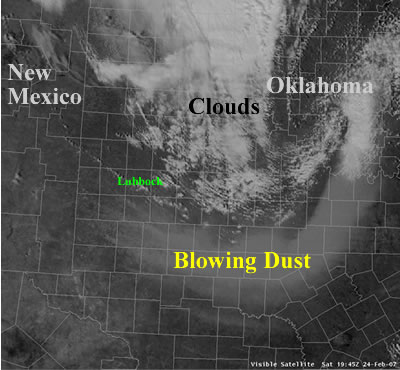 Visible satellite image of clouds and dust across West Texas on 24 February 2007.