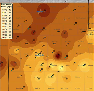 Map of maximum wind gusts (mph) on 2-3 March 2008.  The data is courtesy of the West Texas Mesonet and the National Weather Service.