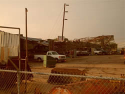 Damage to a city shed in Muleshoe Texas on 25 May 2008. Click on the image for a larger view. Photo taken by Jack Rennels.