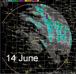 The radar 24-hr estimated precipitation from early the 14th to early on the 15th of June 2008. Click on the image for a larger view.