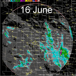 The radar 24-hr estimated precipitation from early the 16th to early on the 17th of June 2008. Click on the image for a larger view.