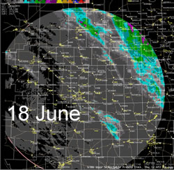 The radar 24-hr estimated precipitation from early the 18th to early on the 19th of June 2008. Click on the image for a larger view.