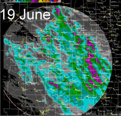 The radar 24-hr estimated precipitation from early the 19th to early on the 20th of June 2008. Click on the image for a larger view.