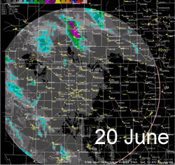 The radar 24-hr estimated precipitation from early the 20th to early on the 21st of June 2008. Click on the image for a larger view.