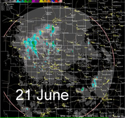 The radar 24-hr estimated precipitation from early the 21st to early on the 22nd of June 2008. Click on the image for a larger view.